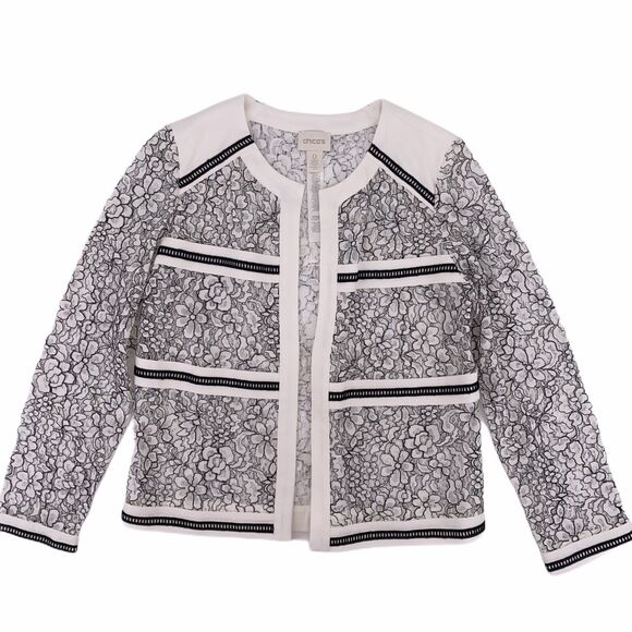 Chicos Floral Lace White Black Open Front Sheer Jacket Womens Size Small 0 - Picture 1 of 5